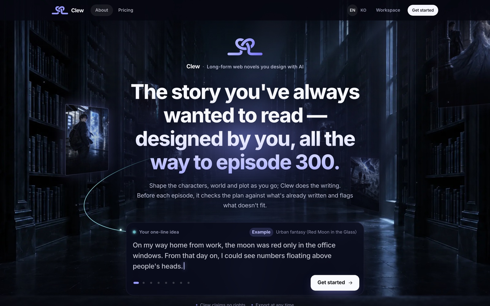 The Clew home screen: a one-line story idea box under the headline.
